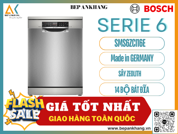 Máy rửa chén bát độc lập Bosch SMS6ZCI16E - Series 6 - Sấy Zeolith - Made in Germany